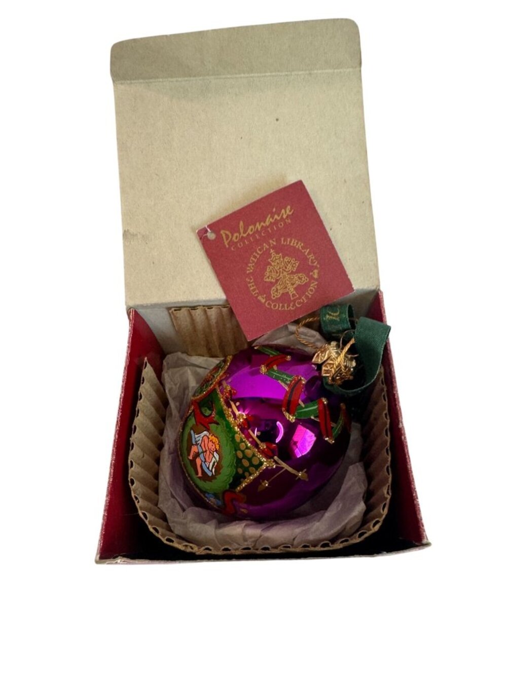 Polonaise Vatican Library Cherub Angel Purple Glass Ornament 4" Boxed - Picture 7 of 8